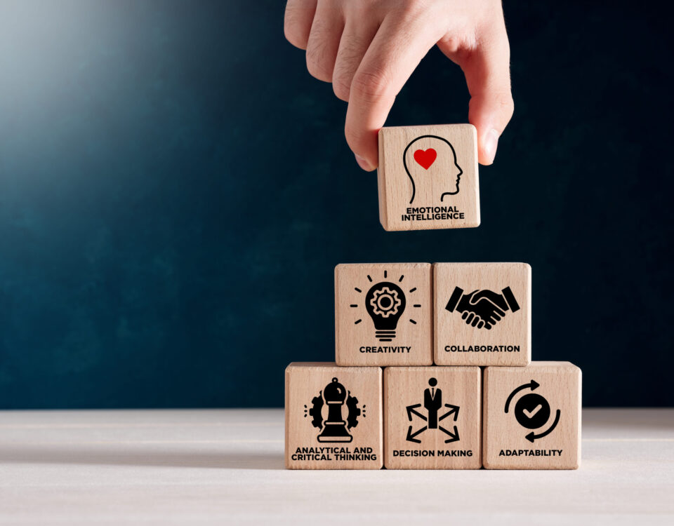 Emotional Intelligence concept image, with hand holding blocks describing EI skills